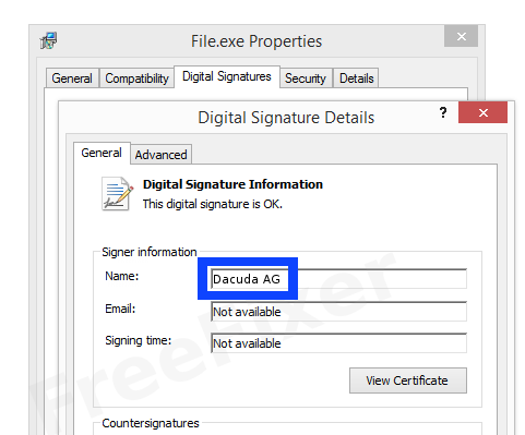 Screenshot of the Dacuda AG certificate